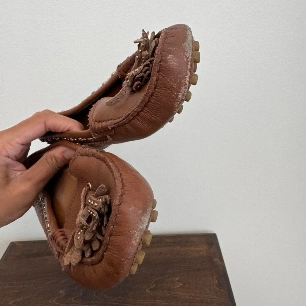 Coach Brown Leather and Gold Stud Flats‎ tassel fringe 5.5 loafer